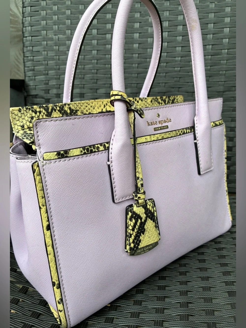 kate spade lilac satchel with yellow snake-print trim